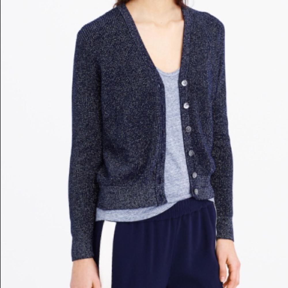 J Crew Ribbed Navy Metallic Cardigan